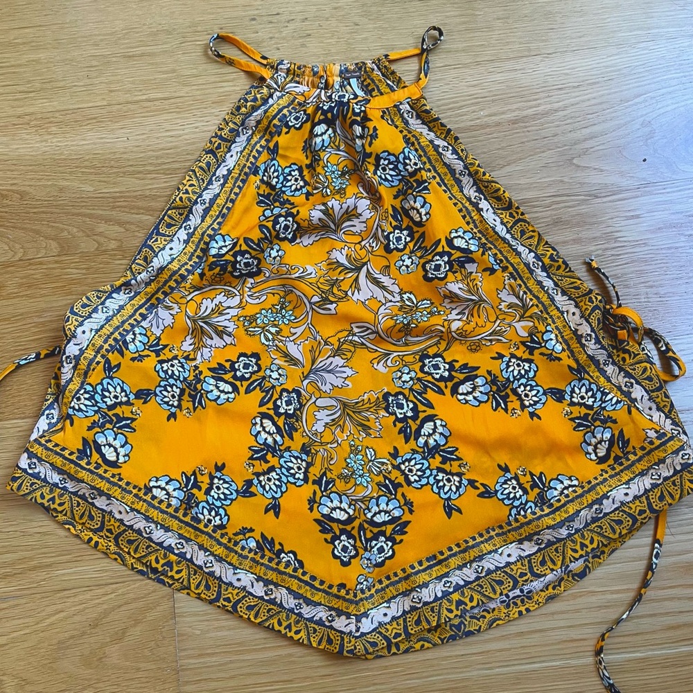 Free People gold and blue hankerchief halter side tie tank